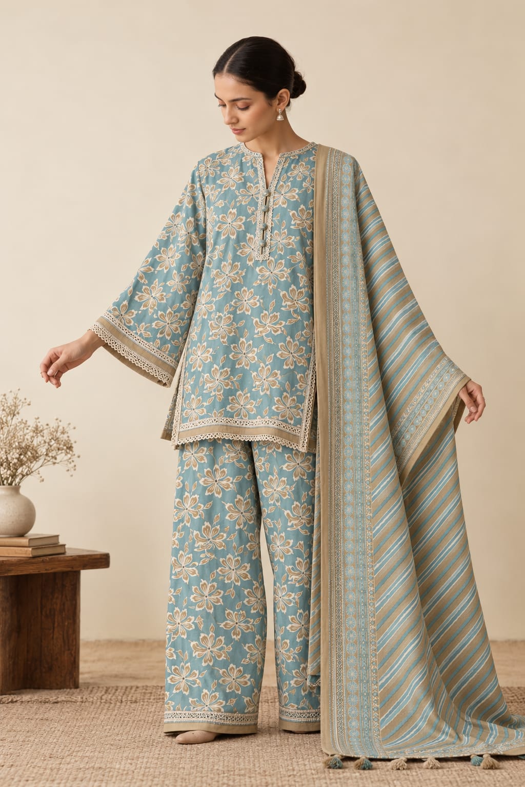 3 Piece Unstitched Khaddar with Printed Dupatta